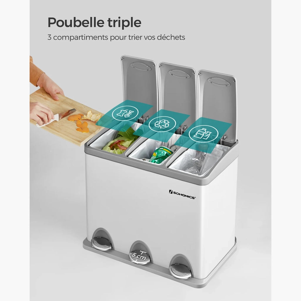 Pattumiera da cucina 46 x 24,5 x 39,5 cm resistente con pedali e 3 scomparti per la raccolta differenziata acciaio inox bianco 12_0007239