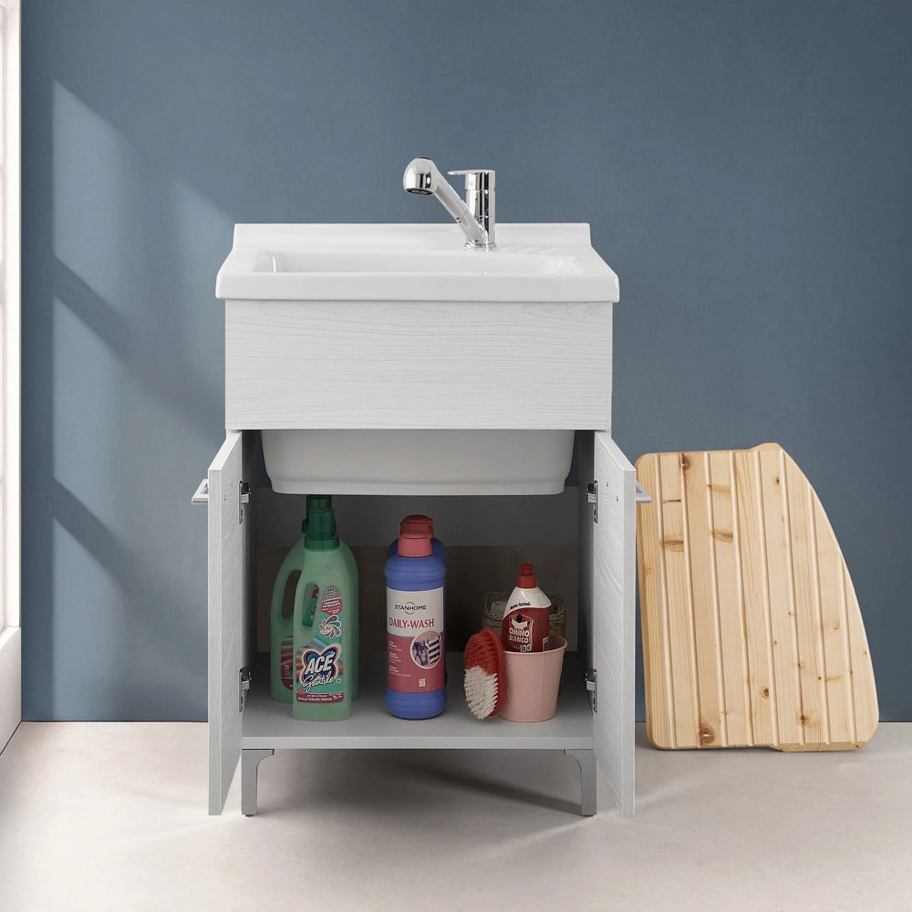 Mobile lavatoio 60x50 rovere bianco Moon con vasca in ceramica Dolomite