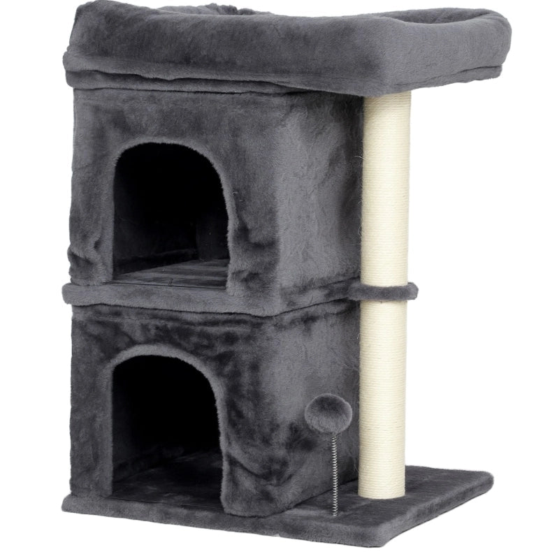 Tiragraffi per gatti grigio scuro con due cucce, piattaforma e pallina per gioco e riposo