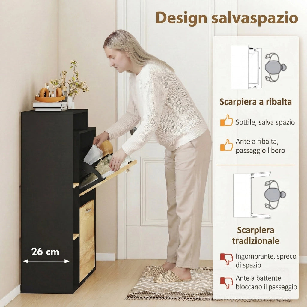 Mobile Portascarpe: 2 Cassetti a Ribalta. Ripiani. Nero e Legno Naturale.