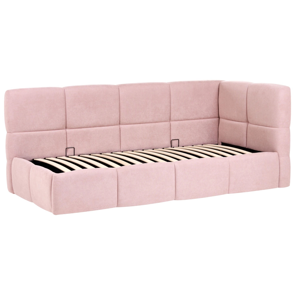 Divano letto imbottita in tessuto rosa lato destro 90x200 cm con pouf contenitore a forma di L