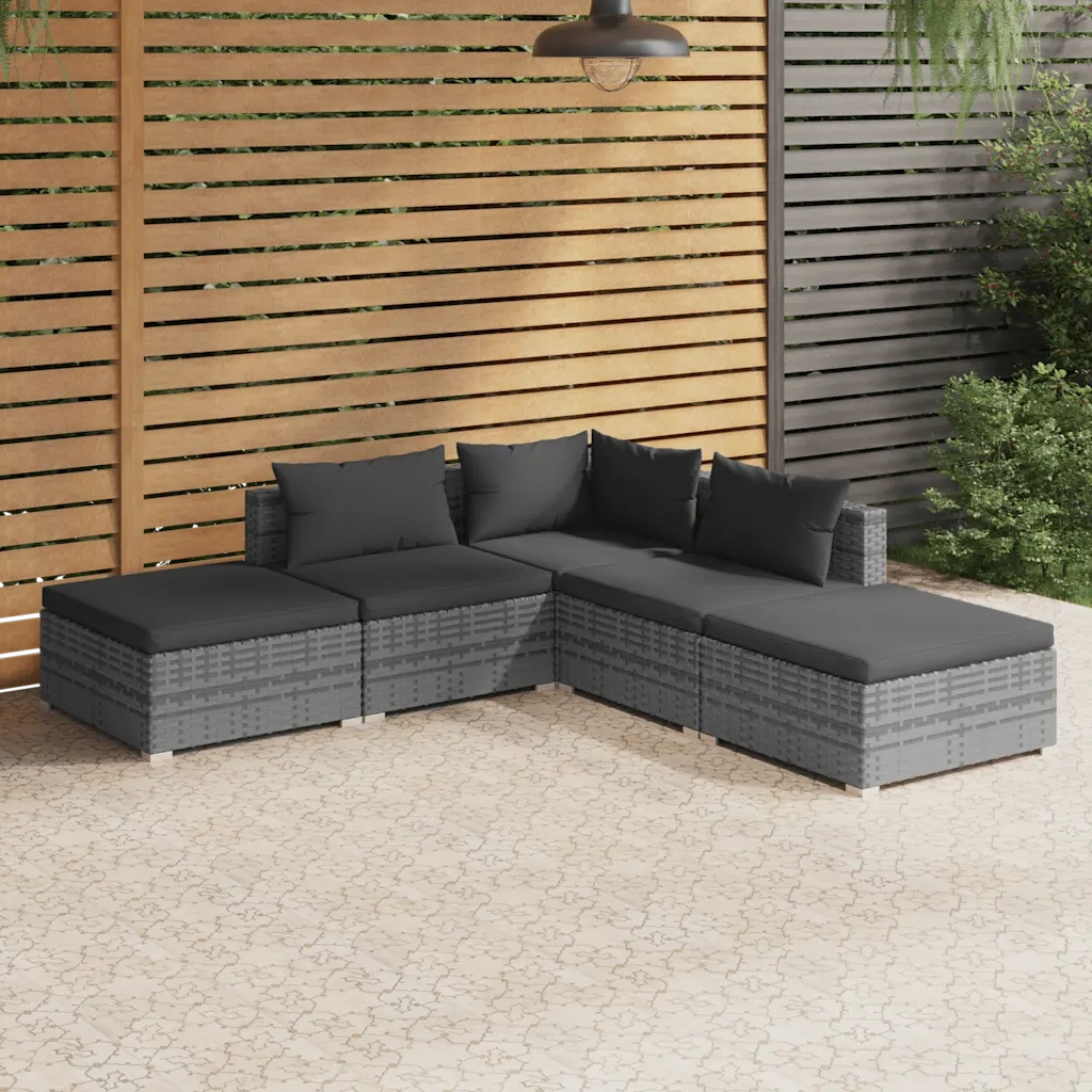 Set Divani da Giardino 5 pz con Cuscini in Polyrattan Grigio cod mxl 53238