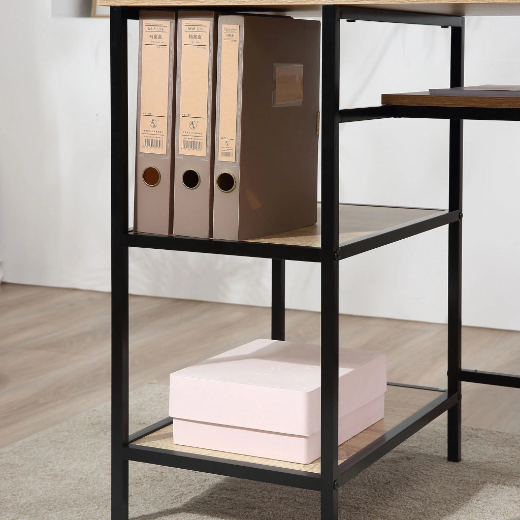 Scrivania con ripiani e cassetto ¨C Zephmum ¨C Legno rovere e nero 120x53x126 cm