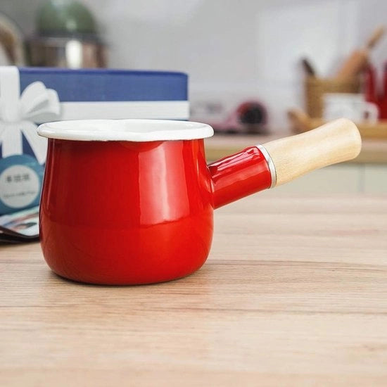 Pentola antiaderente con maniglia in legno - 550ml pentola in emaille per caffè, tè e alimenti per neonati