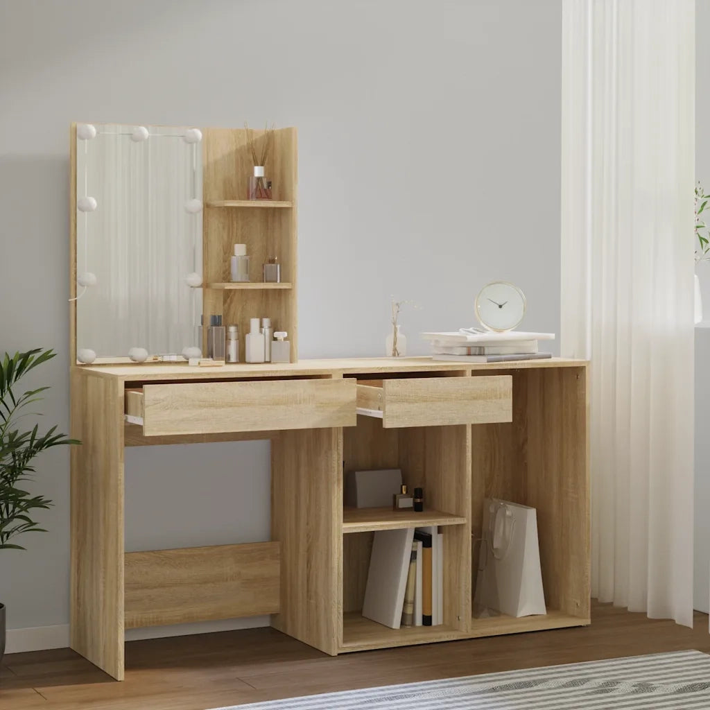 Toeletta | Tavolo da Trucco LED con Armadietto in Legno Multistrato Rovere Sonoma