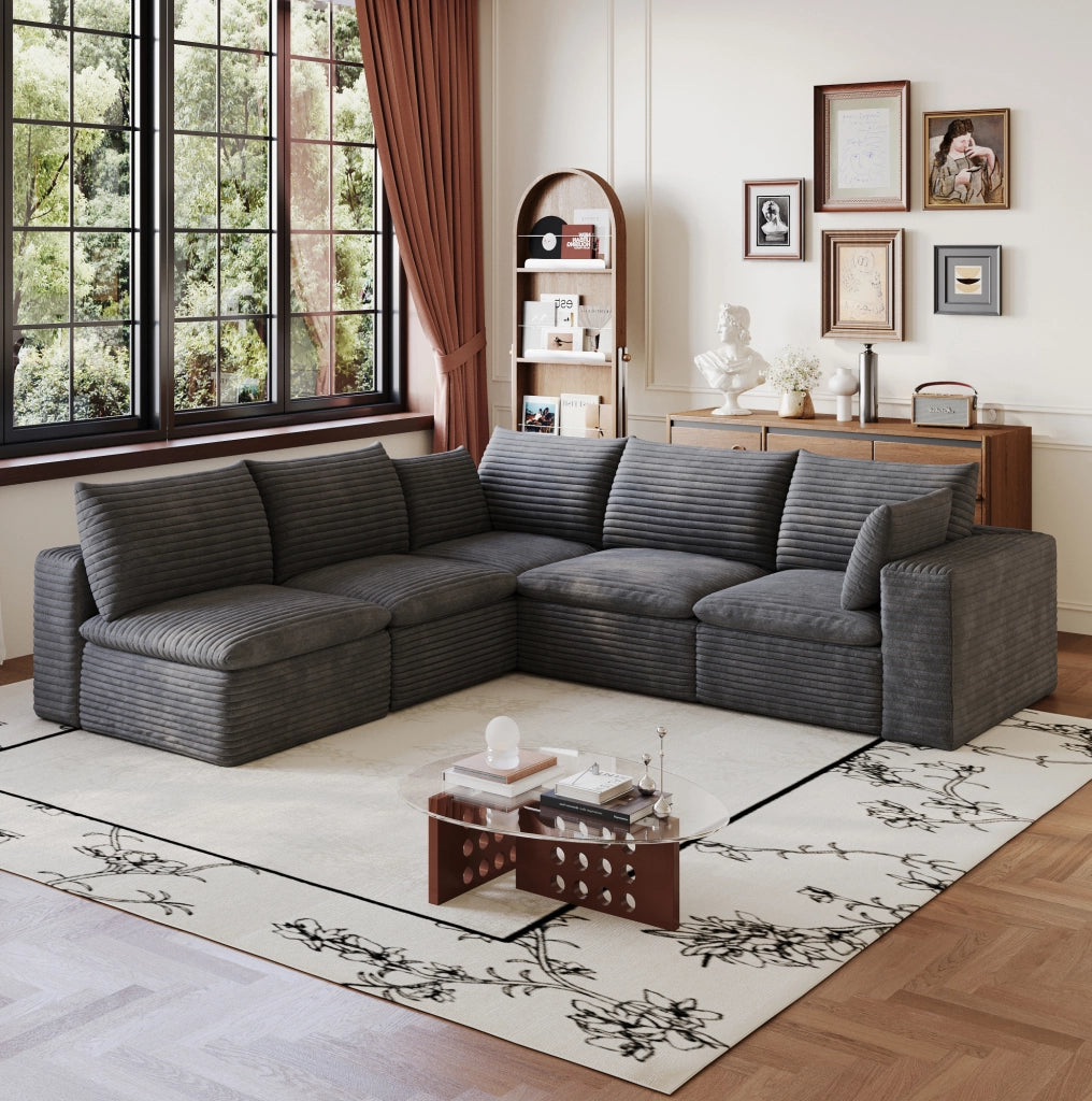Divano modulare in tessuto grigio scuro con imbottitura in schiuma e design componibile