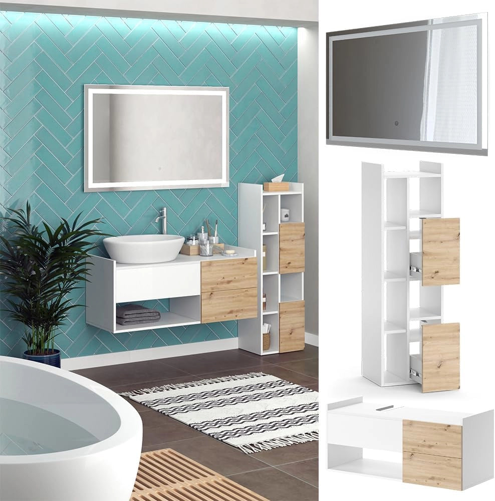 Set di mobili da bagno Alf, Bianco, 105 cm, composto da mobile sottolavabo, specchiera e colonna alta