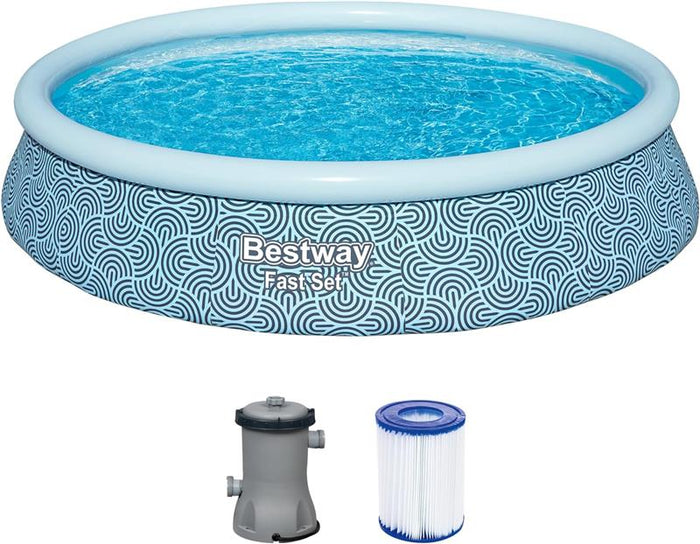 BESTWAY PISCINA GONFIABILE FAST SET FORMA ROTONDA 3,96 M X 84 CM GRAFICA A LINEE CURVE  CAP. 7.340 L + 1 POMPA + 1 FILTRO