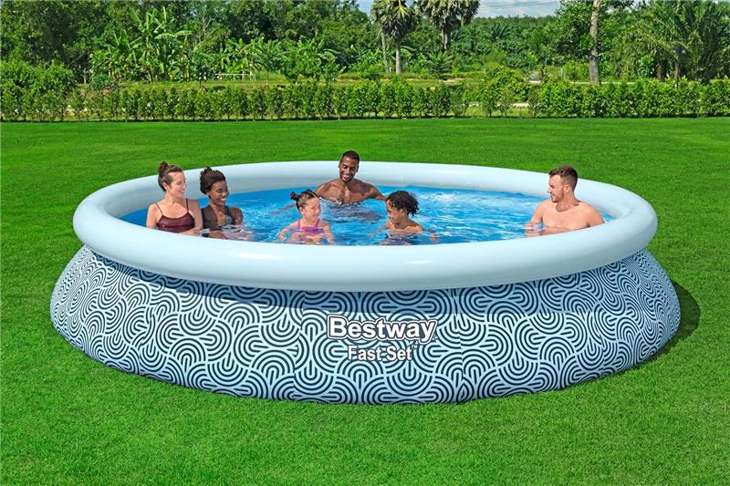 BESTWAY PISCINA GONFIABILE FAST SET FORMA ROTONDA 3,96 M X 84 CM GRAFICA A LINEE CURVE  CAP. 7.340 L + 1 POMPA + 1 FILTRO