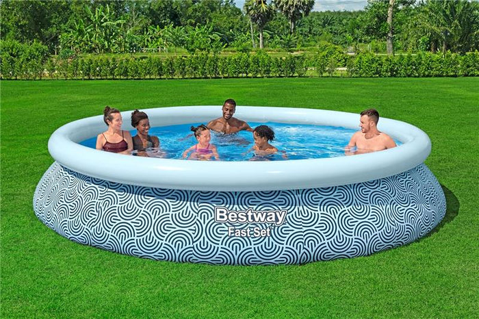 BESTWAY PISCINA GONFIABILE FAST SET FORMA ROTONDA 3,96 M X 84 CM GRAFICA A LINEE CURVE  CAP. 7.340 L + 1 POMPA + 1 FILTRO