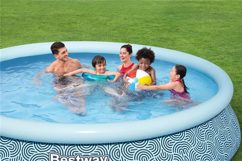 BESTWAY PISCINA GONFIABILE FAST SET FORMA ROTONDA 3,96 M X 84 CM GRAFICA A LINEE CURVE  CAP. 7.340 L + 1 POMPA + 1 FILTRO