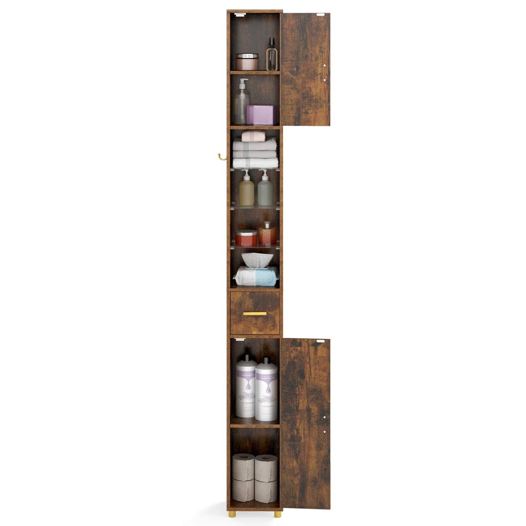 Mobili da Bagno organizzatore con 2 ante ripiani regolabili-Mobiletto da bagno 3 ripiani vetro temperato 181 cm Marrone