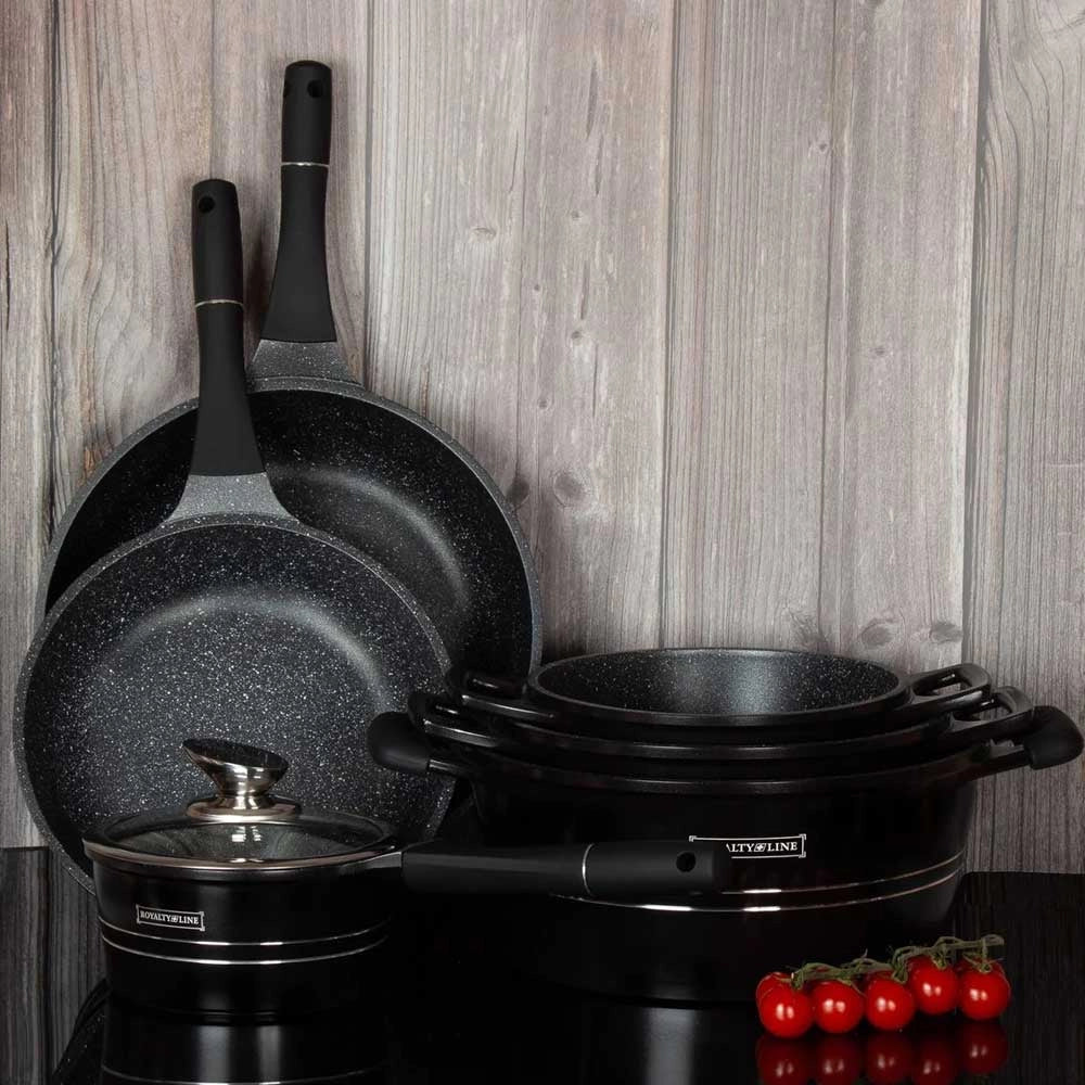 Set di Batterie Pentole e Padelle 14 Pz Antiaderente In Pietra RL-ES2014M Black