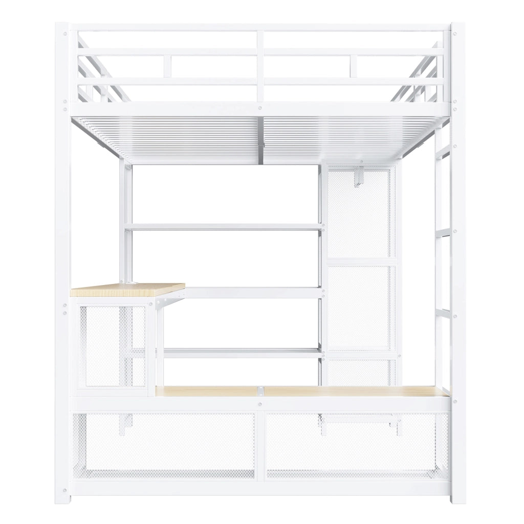 Letto a soppalco 140 × 200 cm con scrivania, ripiani, armadio aperto e LED, senza materasso, bianco