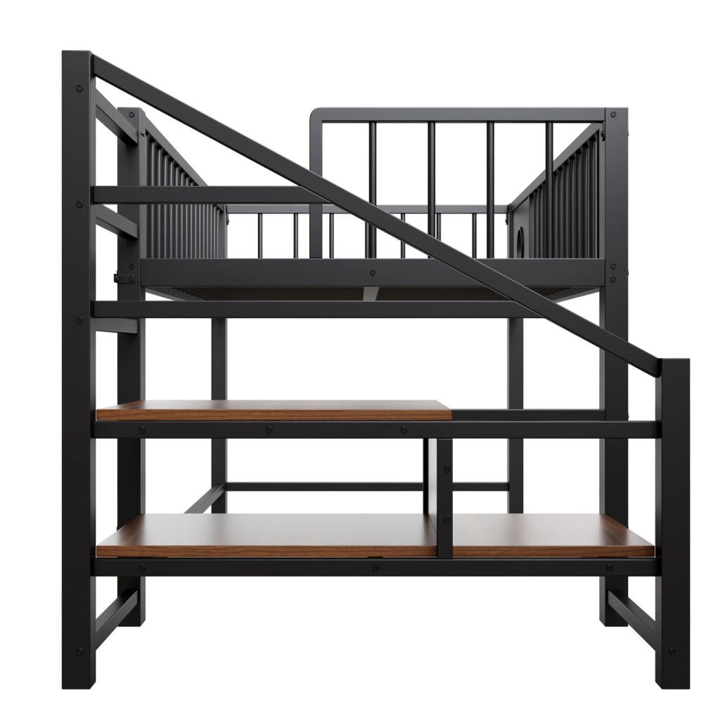Letto a soppalco basso per bambini 90x200 cm in metallo; nero; con scala e spazio sotto