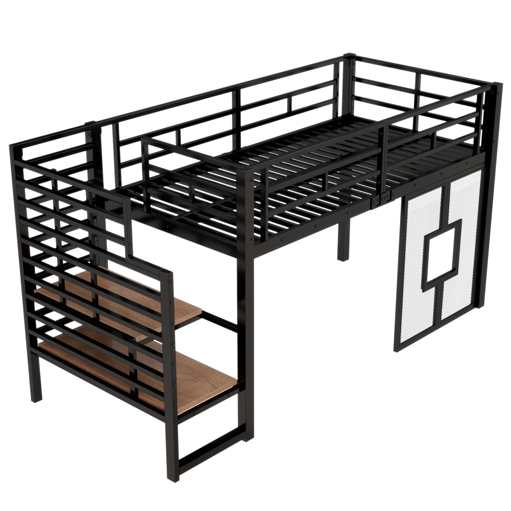 Letto a Soppalco 90x200 cm - con Scala Contenitore; LED Regolabile e Finestre - Nero