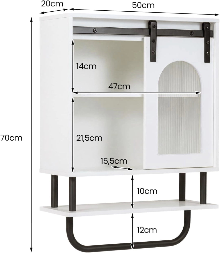 Armadietto da bagno sospeso con porta asciugamani, armadio da parete con scomparto aperto e porta scorrevole, per bagno, soggiorno, cucina, 50 x 20 x 69,5 cm, bianco