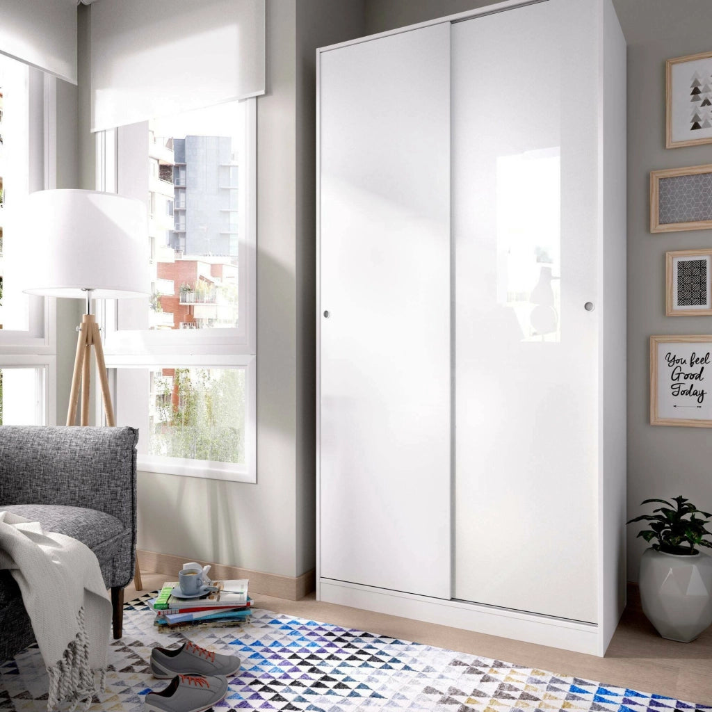 Guardaroba Abigale, Mobile appendiabiti per camera da letto, Armadio con 2 ante scorrevoli, 100x50h204 cm, Bianco