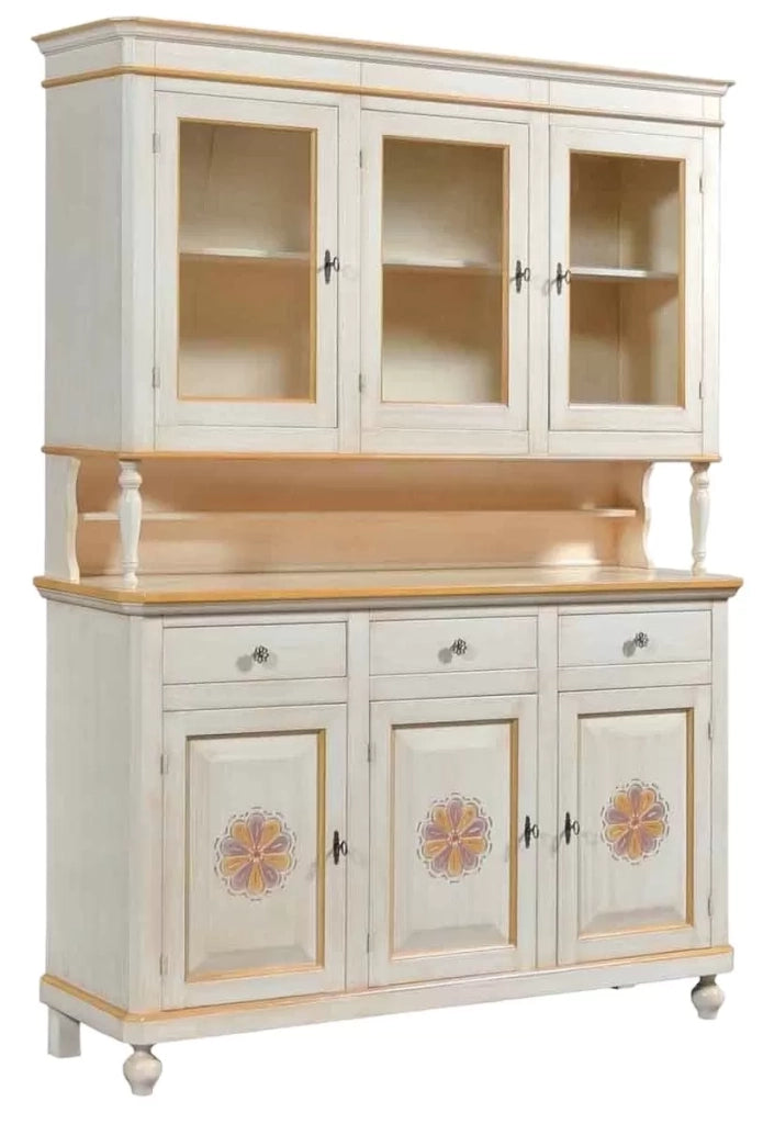 Cristalliera 3 ante legno massello avorio pennellato decori 150x43x208 (1079) - Mobili 2G