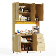 Credenza da Cucina con 3 Cassetti; 3 Ante; 2 Ripiani Regolabili; LED e Prese; per Cucina; in MDF; Naturale