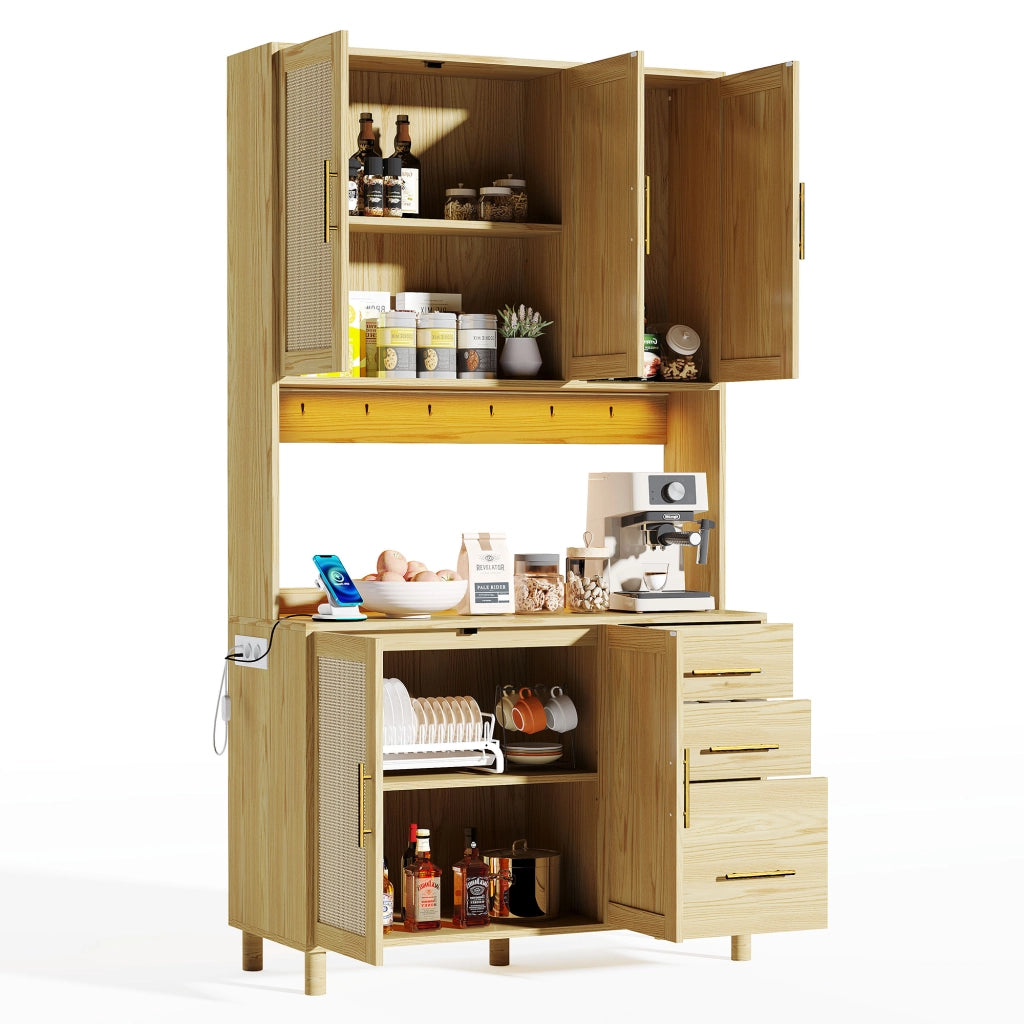 Credenza da Cucina con 3 Cassetti; 3 Ante; 2 Ripiani Regolabili; LED e Prese; per Cucina; in MDF; Naturale