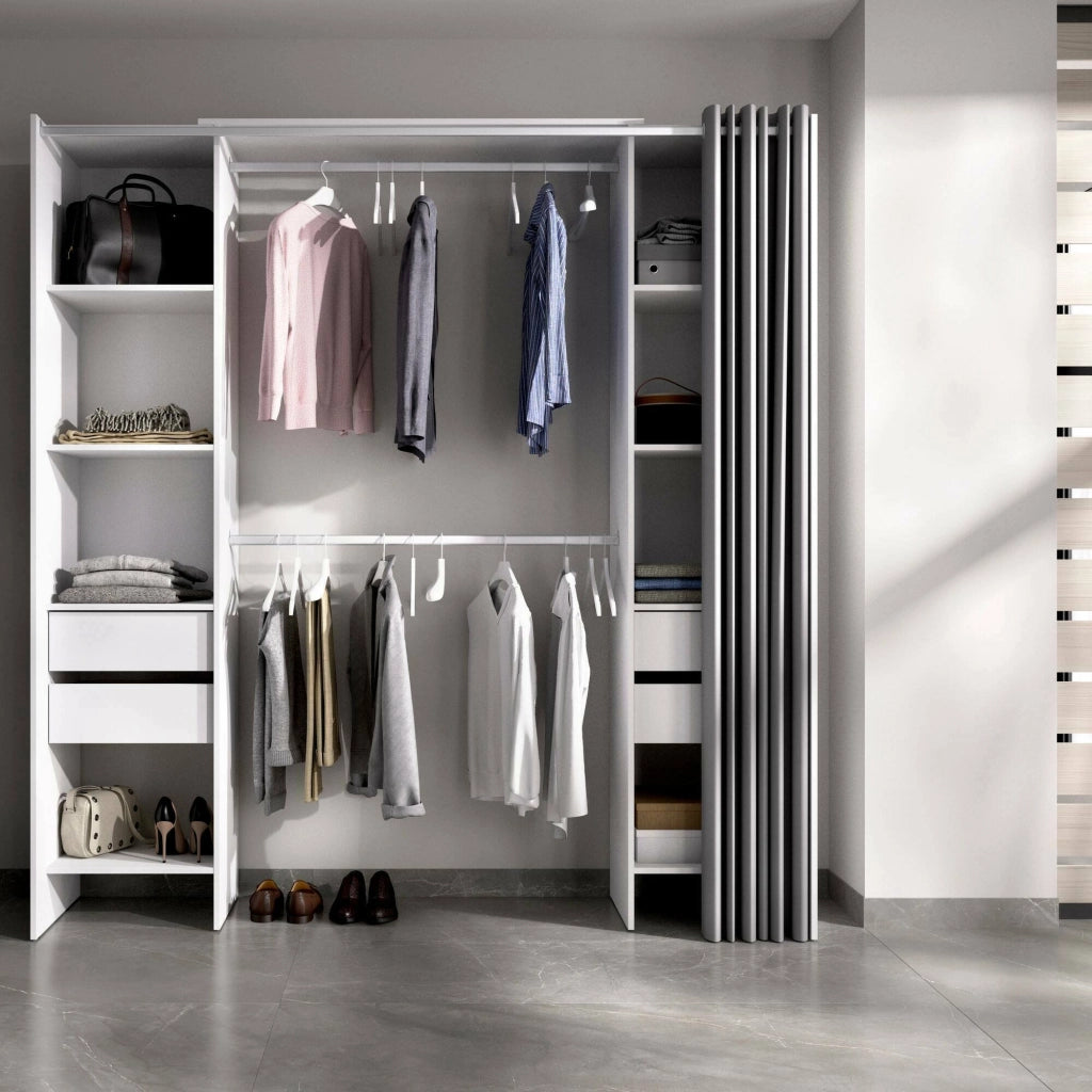 Guardaroba Era, Struttura per cabina armadio, Mobile appendiabiti aperto, 180x50h205 cm, Bianco e Grigio