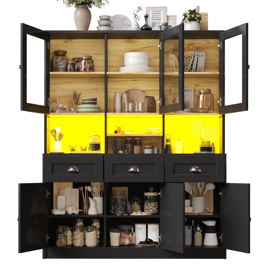 Credenza da cucina 140x40x175 cm in MDF nero con LED e ripiani regolabili