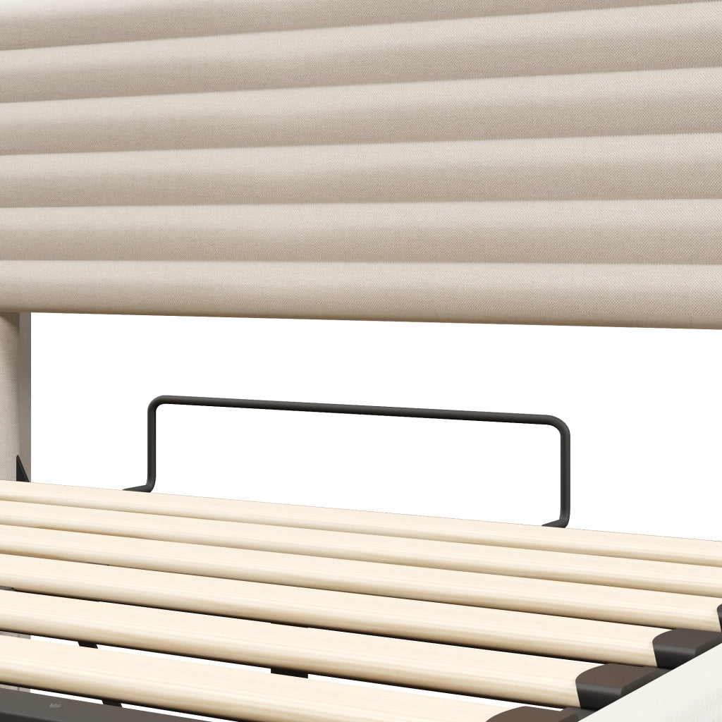 DESMIU Letto contenitore 140 × 200 cm 2 posti con LED, USB Type-C, vano idraulico, senza materasso, in lino, beige