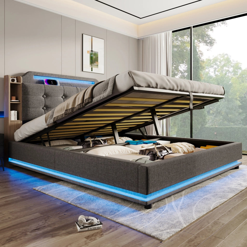 Letto matrimoniale imbottito 140x200 cm in lino grigio con LED; contenitore; USB e Type-C