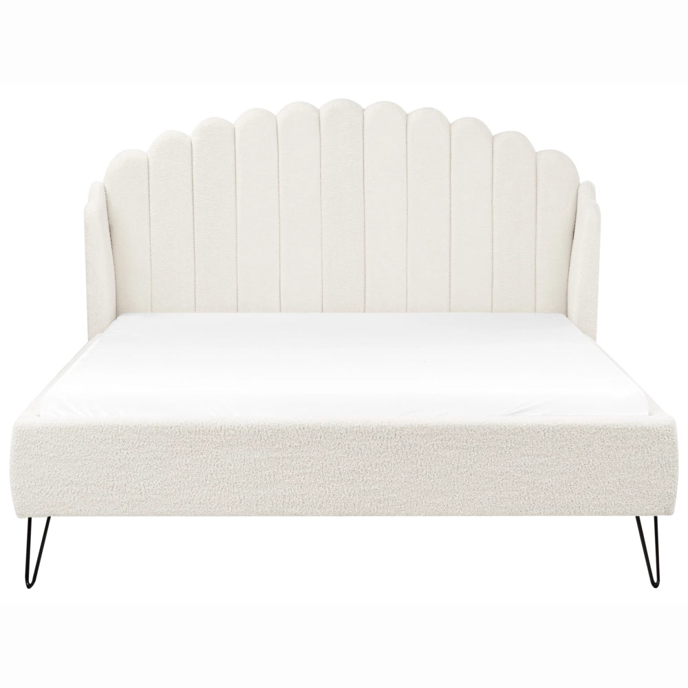 Letto matrimoniale con rete in tessuto bouclè bianco sporco 140 x 200 cm gambe in metallo testata retro capitonné