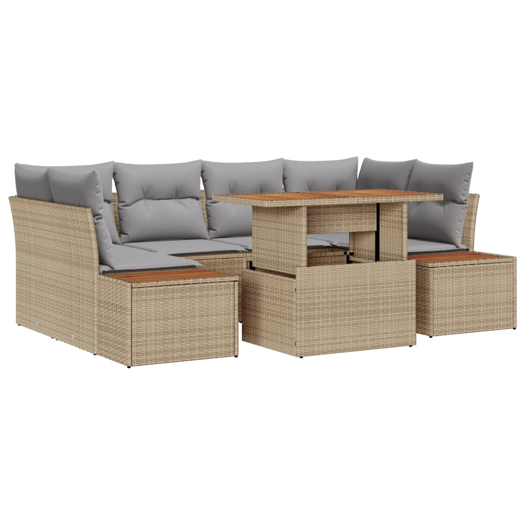 Set da Pranzo da Giardino da 7 Pezzi con Cuscini Beige Polyrattan Acacia