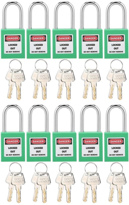 Blocco di Sicurezza Tagout - 10 Set - 38mm Nylon - 20 Chiavi di Rimpiazzo - Barra di Chiusura in Acciaio Resistente ai Colpi - Progetto Antiscivolo - Materiale Duraturo e Rafforzato - Chiusura di Sicurezza