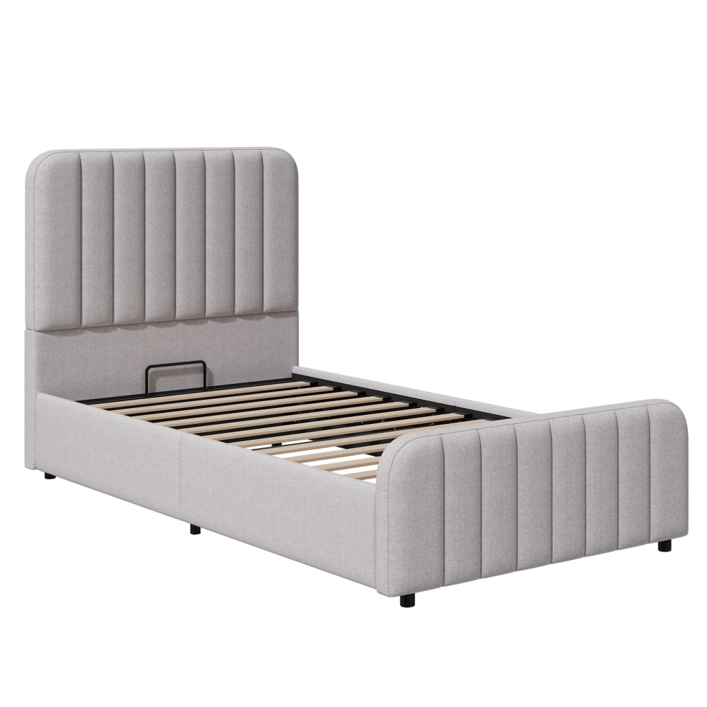 Letto imbottito singolo 90x200 cm con rete a doghe, contenitore idraulico, testiera e struttura in lino grigio