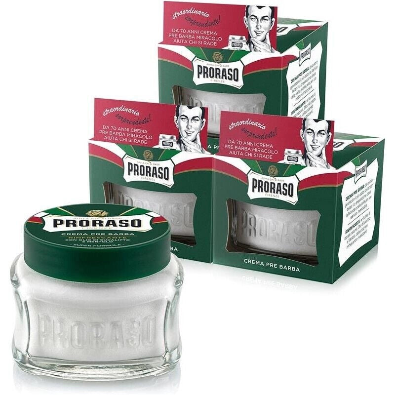 CREMA PREBARBA PRORASO SET 3 PZ X  100ML RINFRESCANTE E TONIFICANTE CON OLIO DI EUCALIPTO E MENTOLO