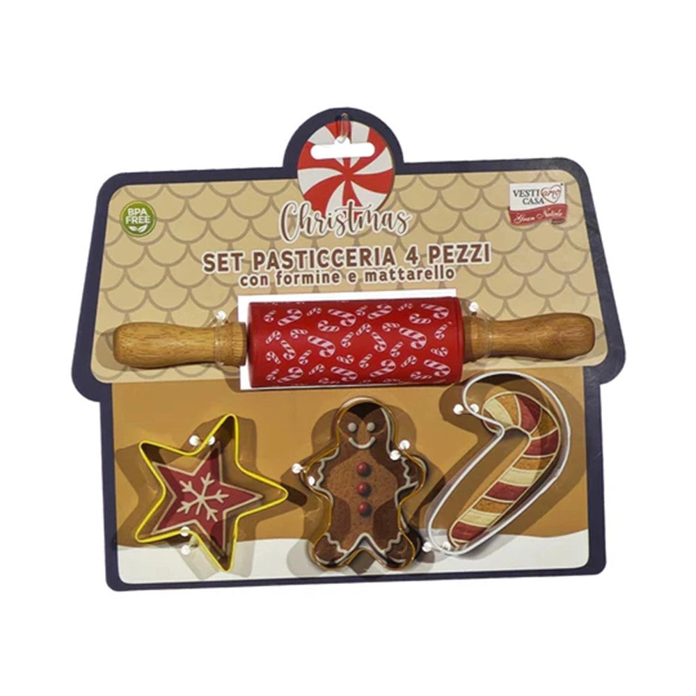 Trade Shop - Set 4 Pezzi Pasticceria Con Formine Tema Natalizie Per Dolci + Matterello In Silicone -