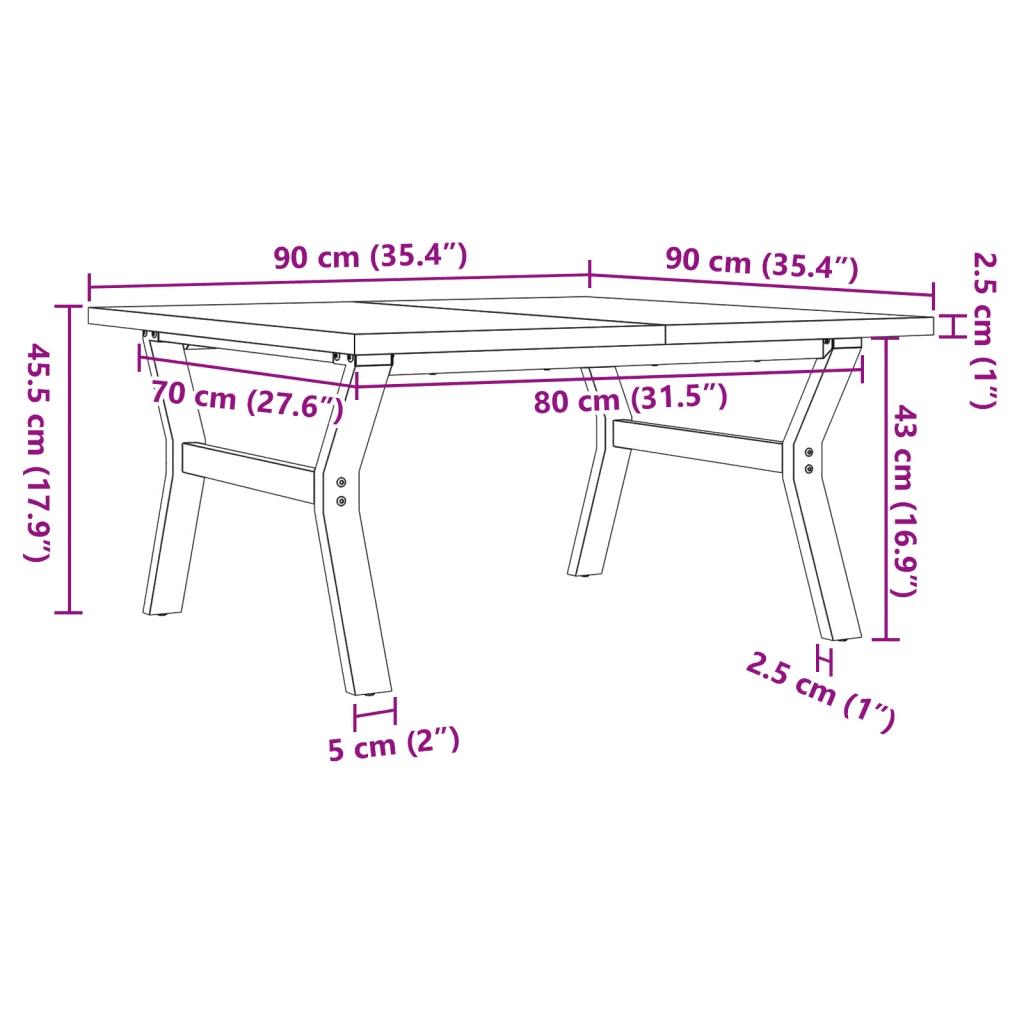 Tavolino Salotto Telaio a Y 90x90x45,5 cm Legno Pino e Acciaio 3282775
