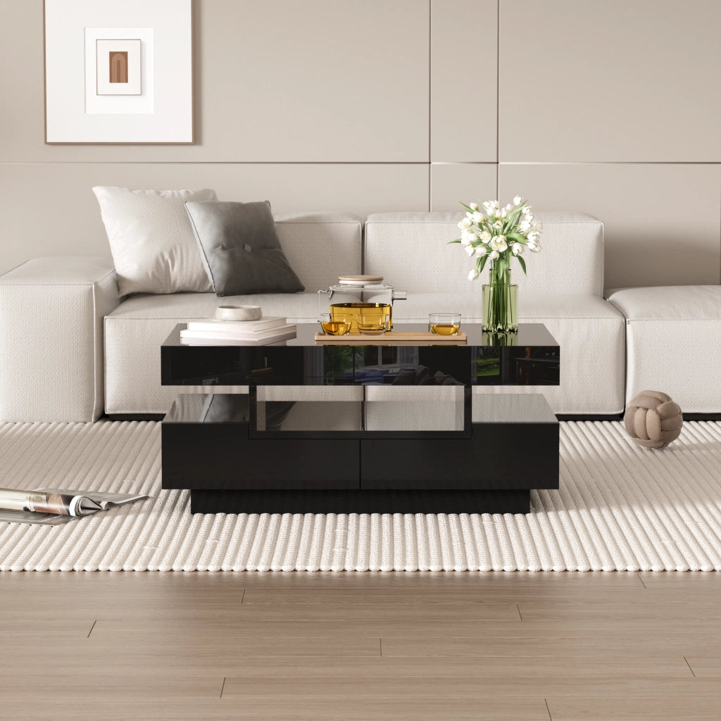 Tavolino da Salotto con 4 Cassetti e 3 Vani Aperti e LED; Finitura Lucida; Stile Moderno; Nero