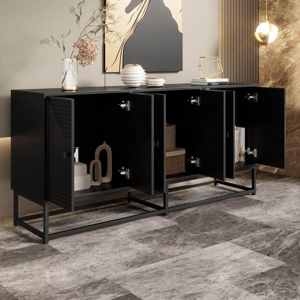 OKWISH Credenza Contenitore con 3 Vani Chiusi, Finitura Opaca e Ante in Rilievo, per Soggiorno o Ufficio, Nera, 160 × 38 × 75,5 cm
