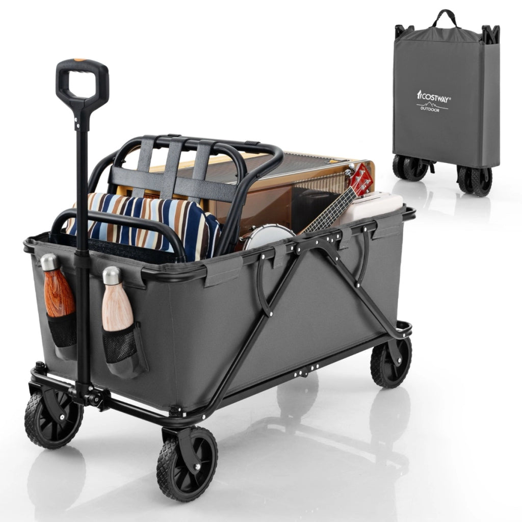 Carrello da giardino pieghevole con manubrio regolabile portabottiglie tasca portaoggetti, Carrello da campeggio Grigio-Attrezzatura da campeggio