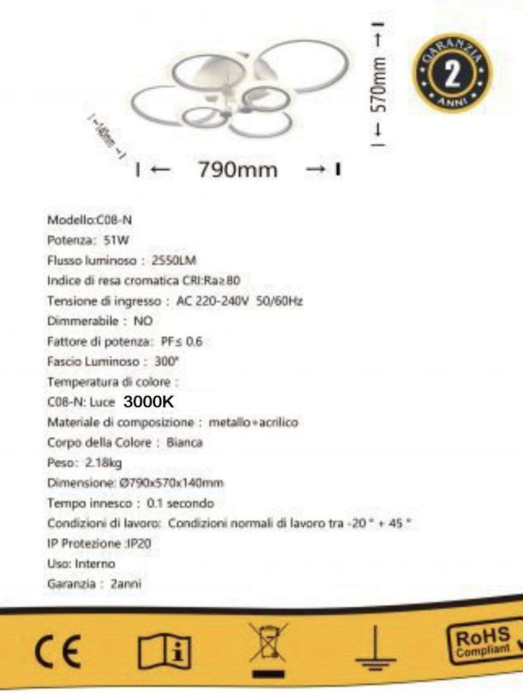 Lampadario Moderno Plafoniera led moderno 6 anelli 47W Luce Bianca Fredda