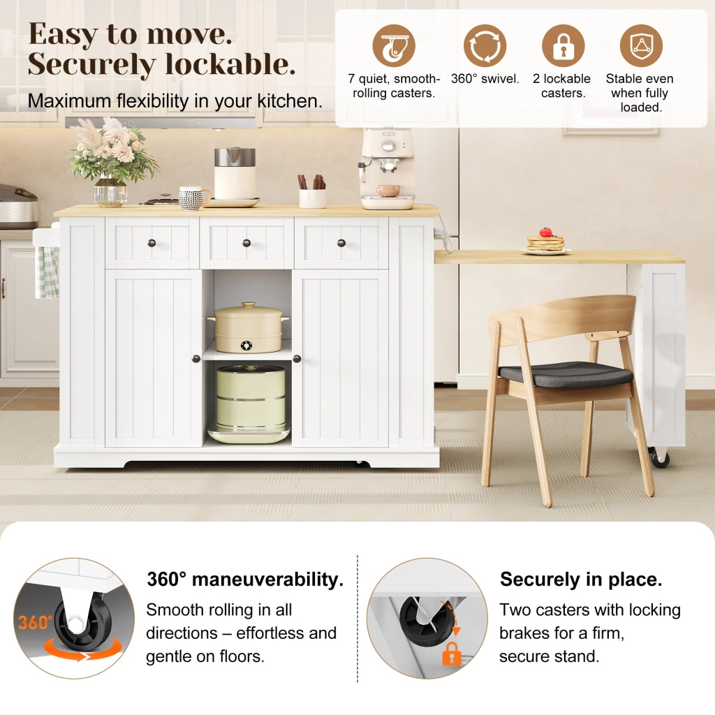 Carrello da cucina con tavolo estraibile, 2 ante, 2 cassetti, prese EU e USB, bianco naturale, 138 × 55 × 93 cm