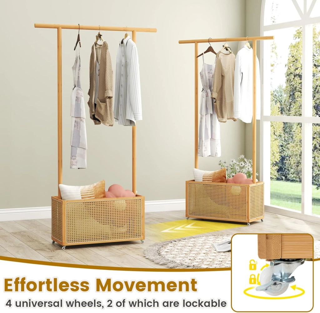 Asino - Appendiabiti con ruote, in bambù, con cestino portaoggetti in rattan e barra da appendere, stile rustico, 100 x 32,5 x 172 cm, organizer per vestiti, per ingresso, camera da letto