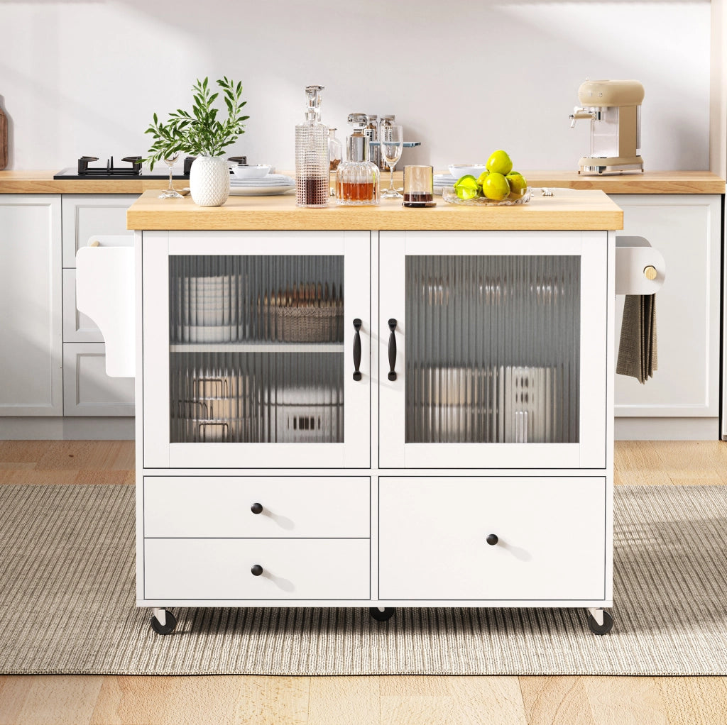 Isola cucina con piano estraibile 100x42-70x91.5 cm; ruote; spazio contenitivo; MDF bianco naturale