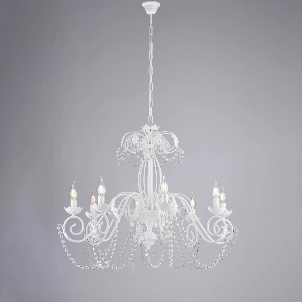 Lampadario in ferro laccato bianco con decorazione effetto shabby chic e strass in cristallo 8 luci
