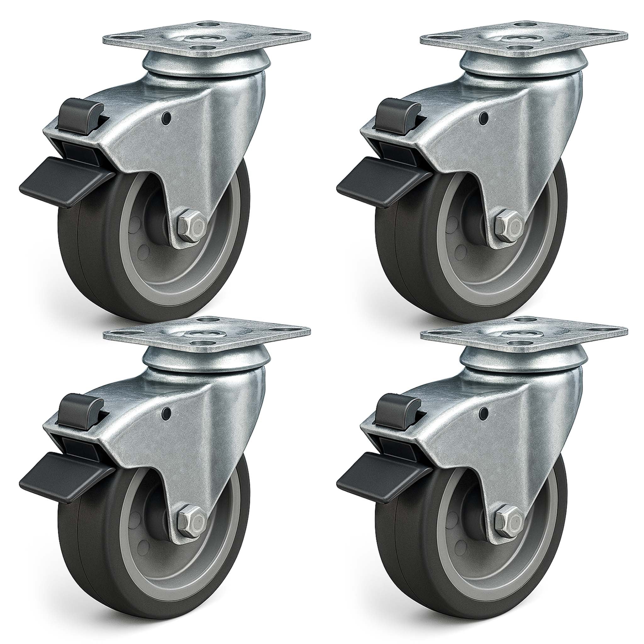 Set 4 ruote girevoli con freno, per trasporto, 100mm, plastica e gomma, max 80 kg a rotella