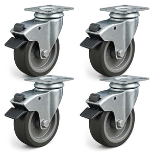 Set 4 ruote girevoli con freno, per trasporto, 100mm, plastica e gomma, max 80 kg a rotella