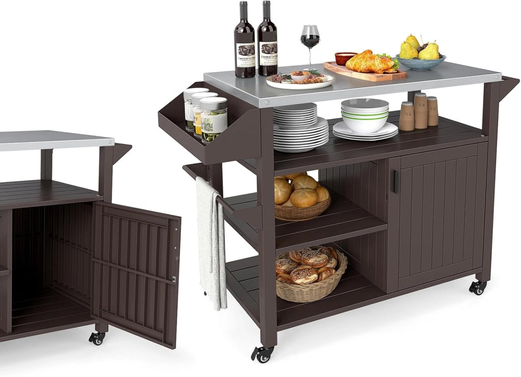 Carrello Barbecue a 3 Ripiani, Carrello per Grigliare in Metallo, Carrello da Pranzo per BBQ, Campeggio, Festa, con Piano in Acciaio Inox, Scaffali, Porta Spezie e Porta Asciugamani, Marrone