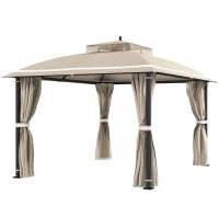 Gazebo da Giardino 3.7 x 3 m con Zanzariera, Tende Laterali e Doppio Tetto, Beige