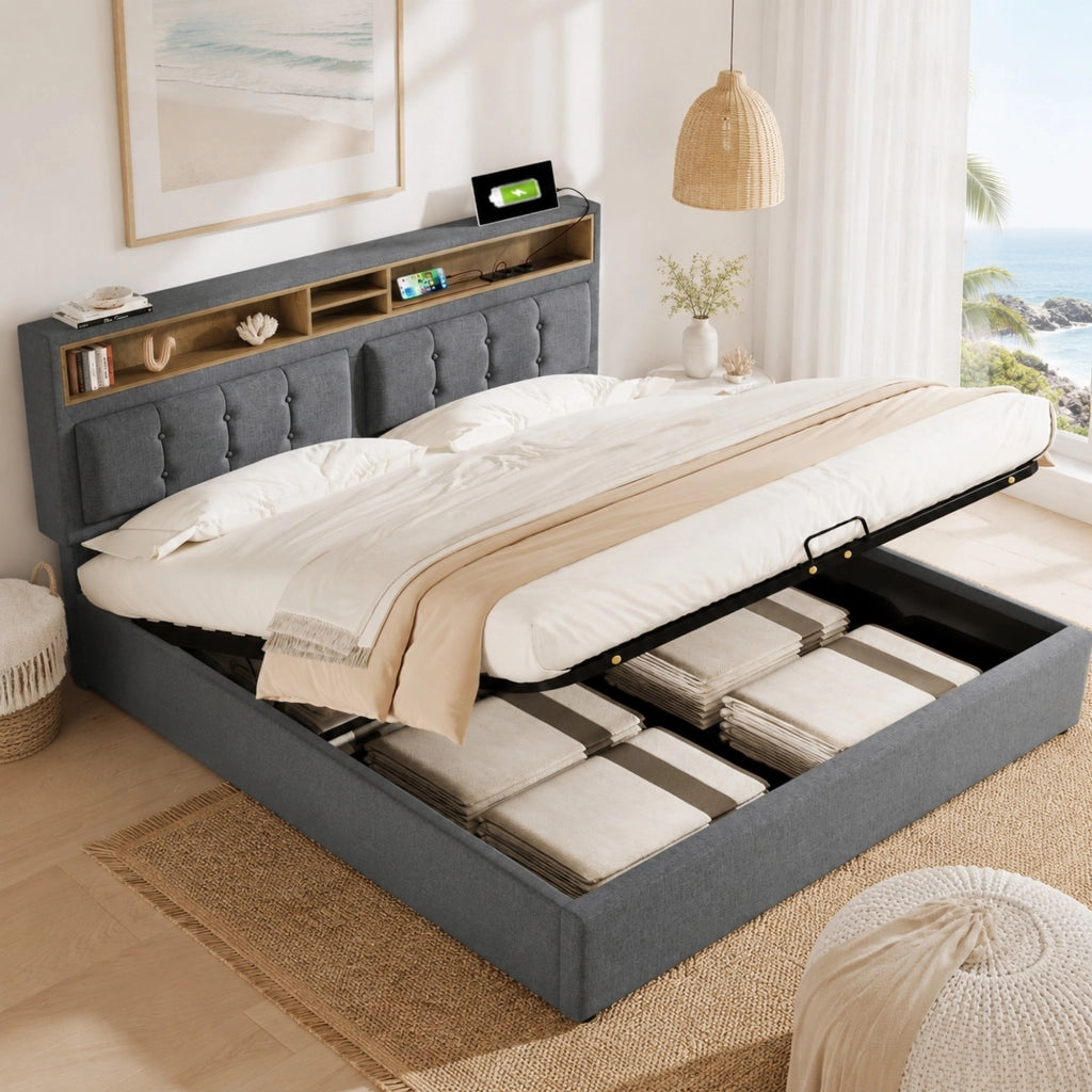Letto matrimoniale imbottito 160x200 cm con testiera regolabile, USB e Type-C, grigio