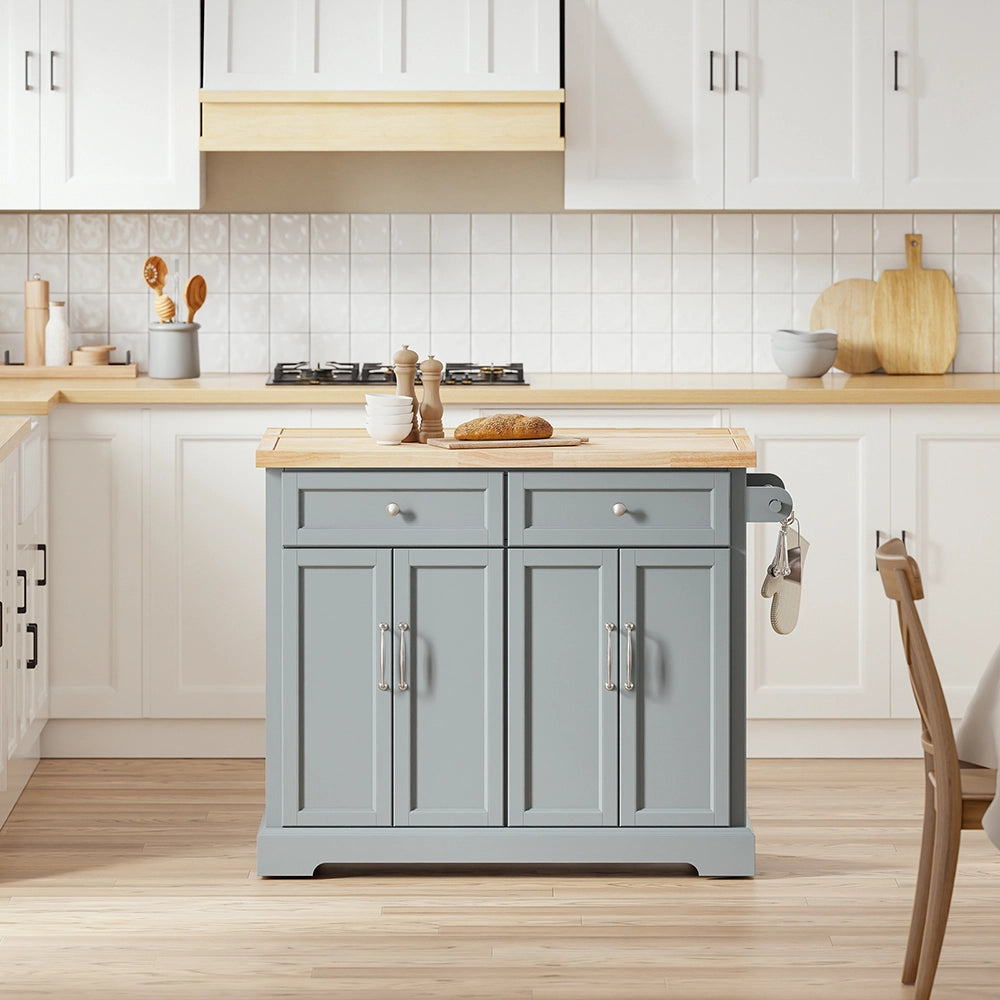 SoBuy | Isola cucina grigia con 4 ruote girevoli | Carrello per cucina con 4 ante e 2 cassetti | Penisola da cucina in MDF verniciato | 107×71×92 cm | Capacità di carico 98 kg | FKW71-III-HG